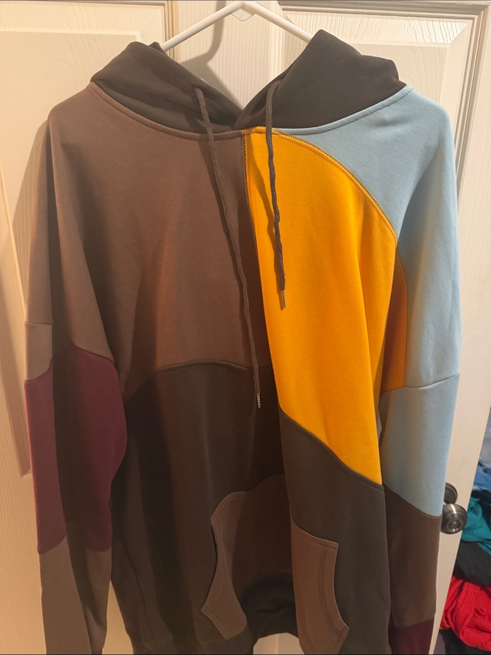 Colorblock Hooded Pullover Sweatshirt - Brown, Mustard, Light Blue & Plum